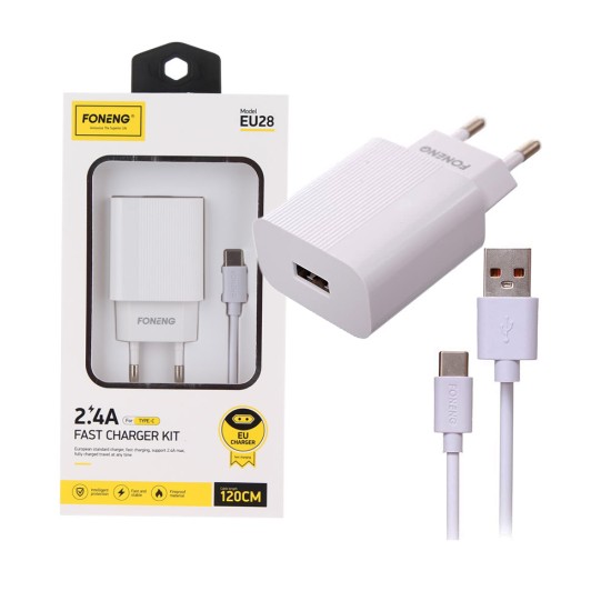 Foneng Fast USB Wall Charger Adaptor EU28 with Type C Cable 2.4A White